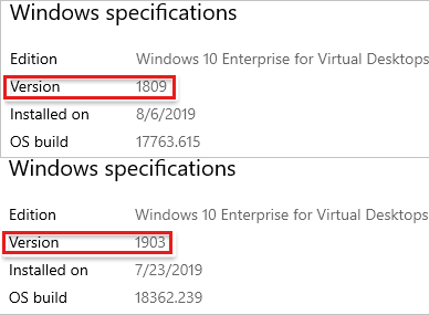 Captura de pantalla de la ventana especificaciones de Windows con el número de versión resaltado.