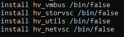 Captura de pantalla que muestra el posible contenido del archivo de configuración que se usa para deshabilitar los módulos o controladores del kernel.