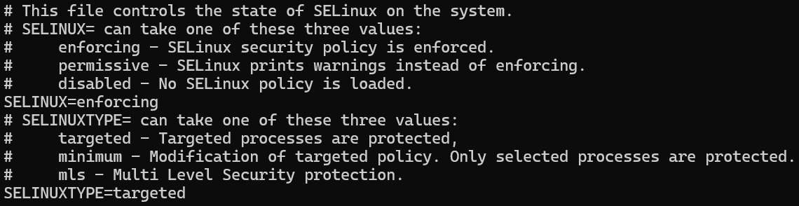 Captura de pantalla que muestra la configuración correcta de /etc/selinux/config.