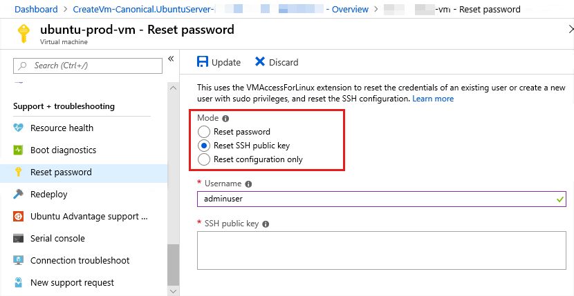 Captura de pantalla para restablecer la configuración o las credenciales de SSH en Azure Portal.