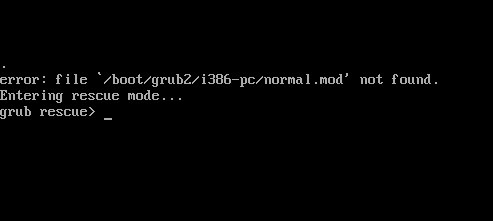 Captura de pantalla del error de grub normal.mod no encontrado.