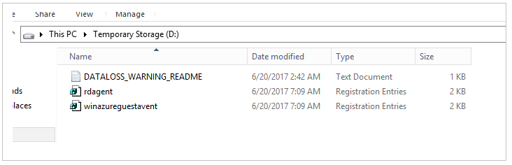 Captura de pantalla de los archivos reg rdagent y winazureguestagent en el Explorador de Windows.