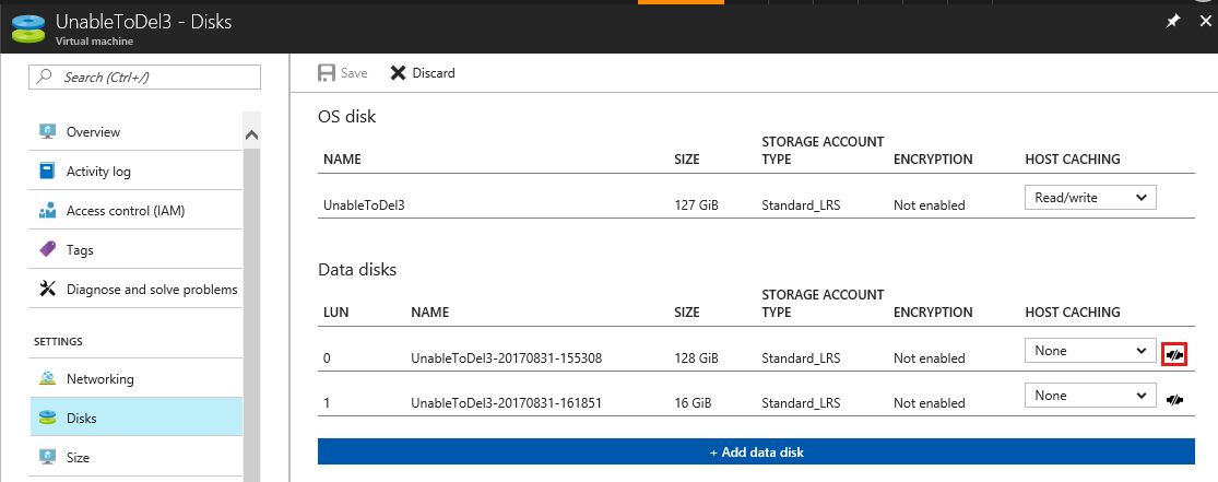 Captura de pantalla del portal Discos, el icono de desconectar del disco de datos que se va a eliminar está resaltado.