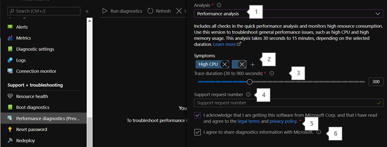 Captura de pantalla de la configuración del análisis de rendimiento en la opción Diagnóstico de rendimiento.