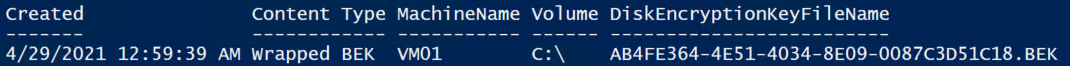 Captura de pantalla de la salida de PowerShell en una tabla que muestra el nombre del archivo de clave de cifrado de disco para una bifurcación ajustada.