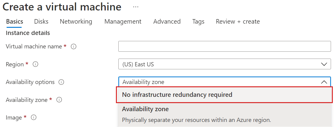 Captura de pantalla de la página Aspectos básicos del Asistente para crear una máquina virtual, en la que se muestra la opción seleccionada para no ser necesaria la infraestructura.