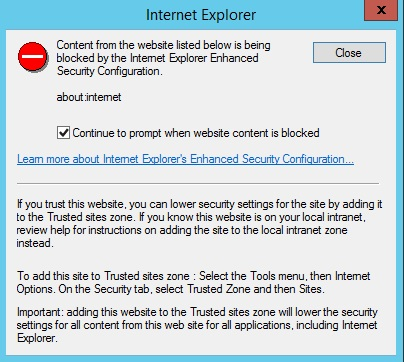 Captura de pantalla del cuadro de diálogo de Internet Explorer con la opción Continuar para preguntar cuando el contenido del sitio web está bloqueado seleccionado.