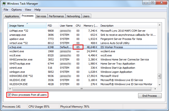 Captura de pantalla que muestra el Administrador de tareas de Windows. En la columna C P U, 85 está resaltado en la fila ejecutable w 3 w p. Se selecciona Mostrar procesos de todos los usuarios.