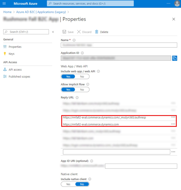 Captura de pantalla que muestra las entradas de dirección URL de respuesta de Azure AD B2C.