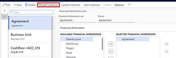 Captura de pantalla que muestra la página Conjuntos de dimensiones financieros.