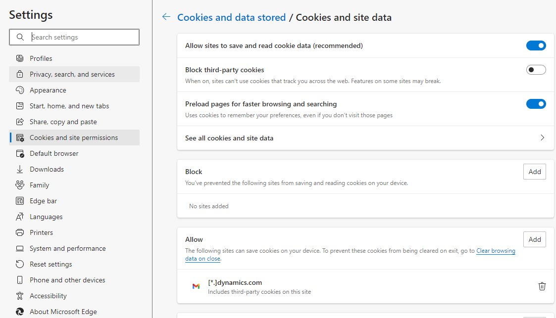 Captura de pantalla que muestra la configuración de cookies y permisiones de sitio en Microsoft Edge.