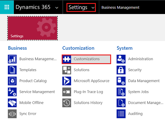 Seleccione Personalizaciones en la página Configuración.