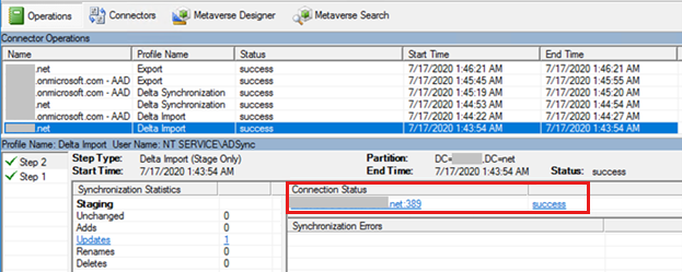 Screenshot shows the Connection Status area in the Import from A D step.