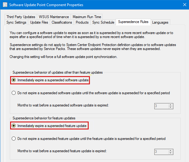 Captura de pantalla de las opciones de actualizaciones reemplazadas de Expiración inmediata en la pestaña Reglas de sustitución.