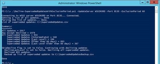 Captura de pantalla de la ventana de Windows PowerShell con ExclusionPeriod 60 en ejecución.