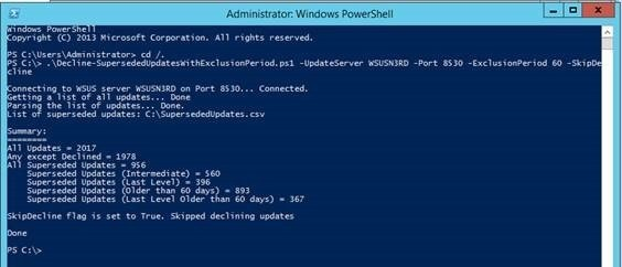 Ventana de Windows PowerShell que ejecuta SkipDecline y ExclusionPeriod 60.