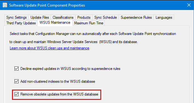 Captura de pantalla de la opción Quitar actualizaciones obsoletas de la base de datos WSUS.