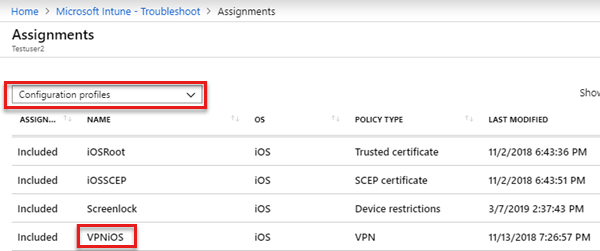 Captura de pantalla que muestra la información de asignación en el panel Solucionar problemas de iOS