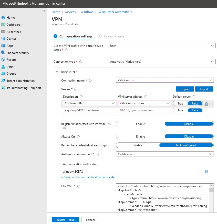 Captura de pantalla que muestra cómo crear un perfil de VPN para Windows.