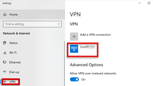 Captura de pantalla que muestra el perfil de VPN en Red e Internet.