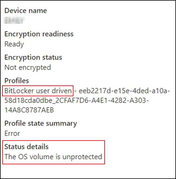 Intune detalles de estado que muestran que el dispositivo está listo para el cifrado, pero no está cifrado.