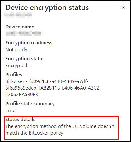 Intune detalles del estado de cifrado del dispositivo que muestran que el dispositivo está en un estado de error, pero cifrado.