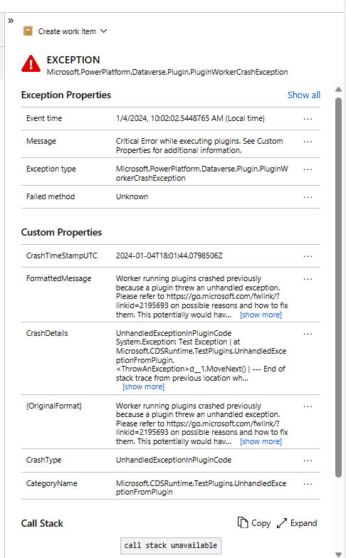 Ejemplo de un informe de bloqueo de complemento de Application Insights.