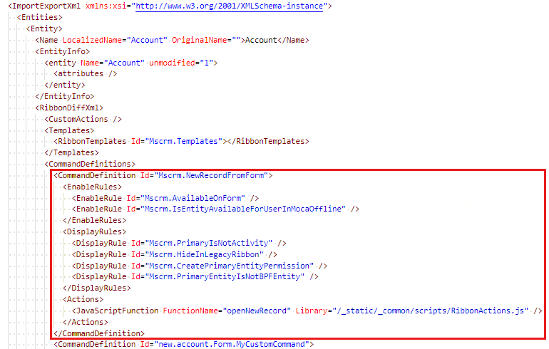 Captura de pantalla que muestra la ubicación del nodo CommandDefinition cuyo identificador es Mscrm.NewRecordFromForm.