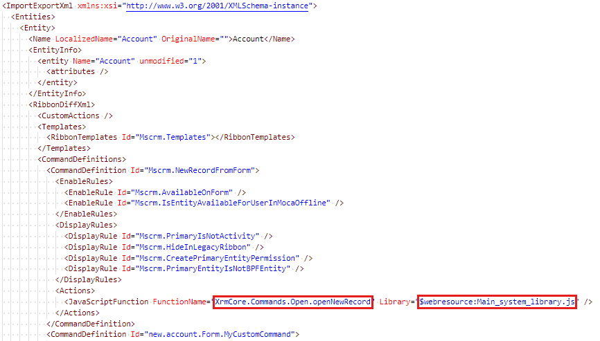 Captura de pantalla para modificar el nodo CommandDefinition y, a continuación, asegurarse de que el valor functionName coincide.