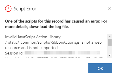 Captura de pantalla que muestra un ejemplo del mensaje de error del script.