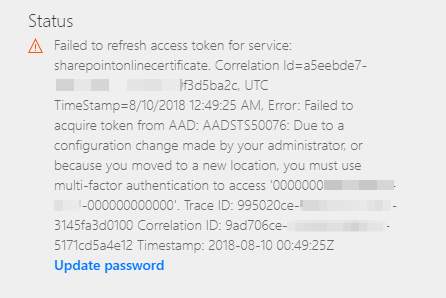 Captura de pantalla del error Error al actualizar el token de acceso para los usuarios del servicio, consulte en el portal de Power Automate.