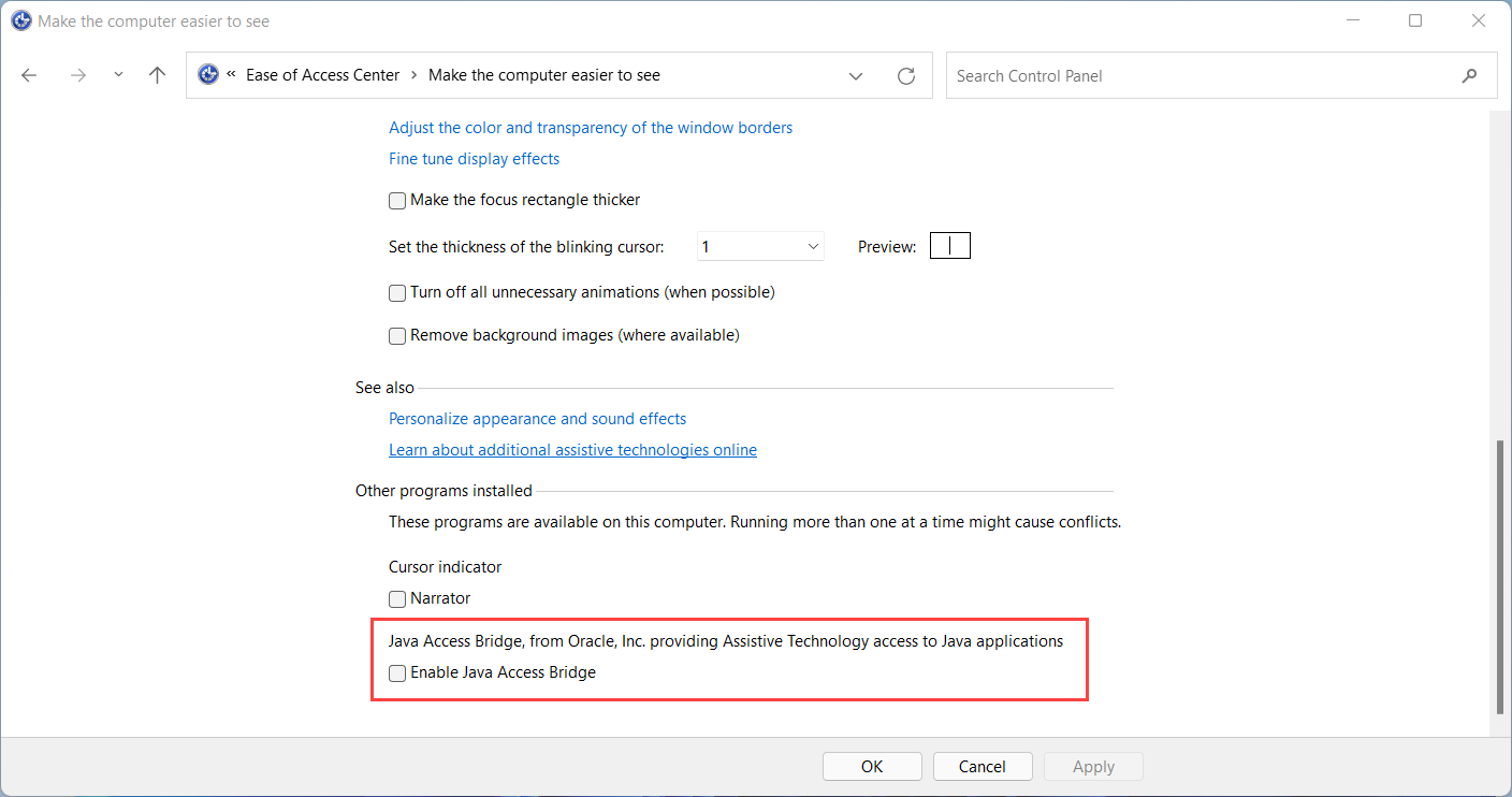 Captura de pantalla de la opción Habilitar Java Access Bridge en el Panel de control de Windows.