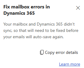 Captura de pantalla que muestra los errores de buzón de correo corregidos en Dynamics 365 que se producen durante la sincronización del lado servidor.