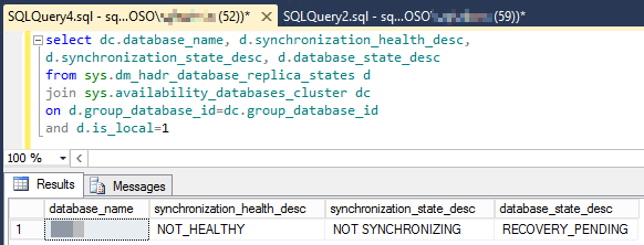 Captura de pantalla del resultado de ejecución del script para comprobar el estado de sincronización y el estado de la base de datos.