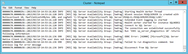 Captura de pantalla del archivo Cluster.log en el Bloc de notas en caso 2.