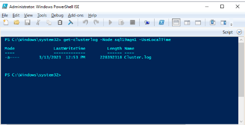 Captura de pantalla que muestra la ventana de PowerShell con sql19agn1 como nombre de SQL Server.