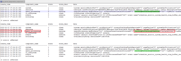 Captura de pantalla que muestra sp_server_diagnostics salida se concatenó.