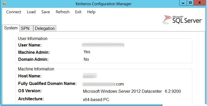 Captura de pantalla de una vista de las tres pestañas de Kerberos Configuration Manager.