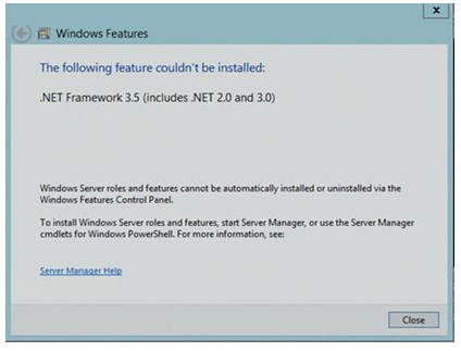 Captura de pantalla del mensaje de error de instalación de .Net Framework 3.5 en servidor completo: No se pudo instalar la característica siguiente.