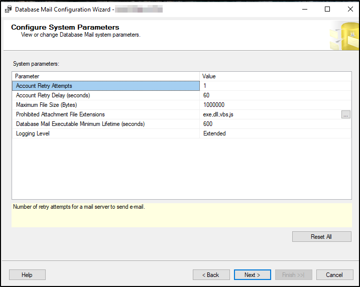 Captura de pantalla de la configuración de parámetros del sistema en el Asistente para configuración de correo electrónico de base de datos.