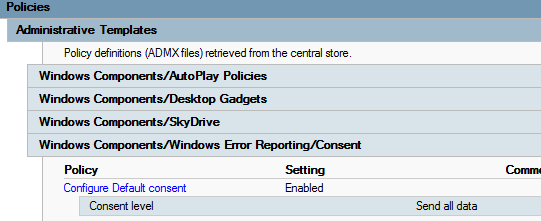 Captura de pantalla que muestra la opción Desactivar la directiva configurar consentimiento predeterminado está habilitada. El cuadro de esta directiva muestra que el nivel de consentimiento es Enviar todos los datos.