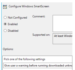 Captura de pantalla de la ventana Configurar la configuración de Windows SmartScreen en el Editor de objetos de directiva de grupo si selecciona la segunda opción.