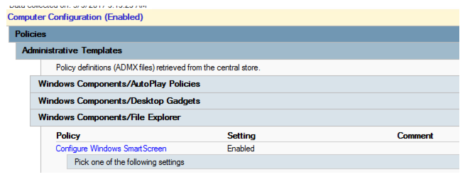 Captura de pantalla que muestra la directiva Configurar SmartScreen de Windows está habilitada y hay un cuadro Elegir uno de los siguientes valores en esta directiva.