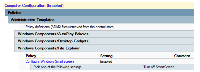 Captura de pantalla que muestra que la directiva Configurar SmartScreen de Windows está habilitada. Desactivar SmartScreen aparece en el cuadro Seleccionar uno de los siguientes valores.