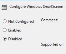 Captura de pantalla de la ventana Configurar la configuración de Windows SmartScreen en el Editor de objetos de directiva de grupo. El valor se establece en Deshabilitado.