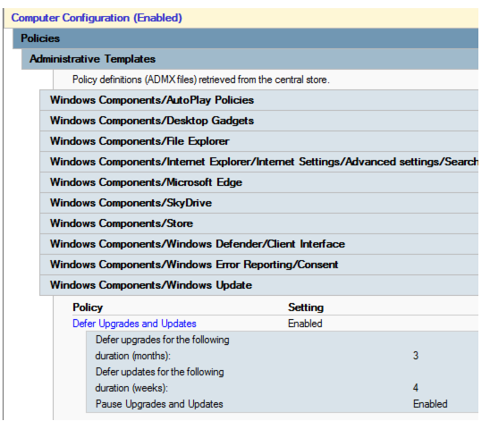 Captura de pantalla que muestra la directiva Aplazar actualizaciones y actualizaciones está habilitada y 3 elementos se muestran en esta directiva.