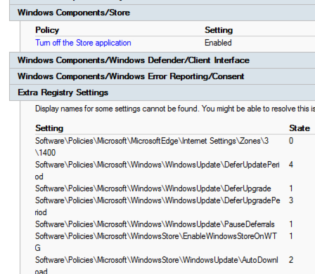 Captura de pantalla que muestra la opción Desactivar la directiva de aplicación de la Tienda está habilitada y No se pueden encontrar nombres para mostrar para algunas opciones de configuración en Configuración adicional del Registro. Se muestran 7 valores.