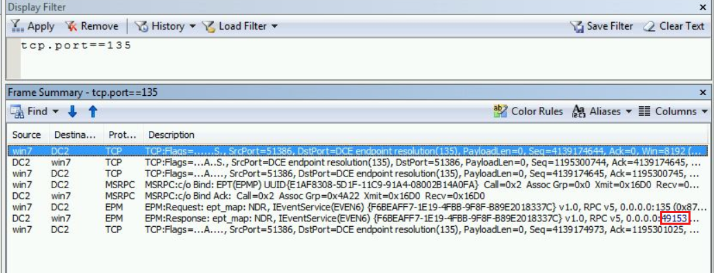 Captura de pantalla de Network Monitor que muestra el puerto dinámico resaltado.