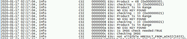 Captura de pantalla de las entradas de registro CBS de ejemplo, que contiene ESU: NO ESU KEY FOUND.