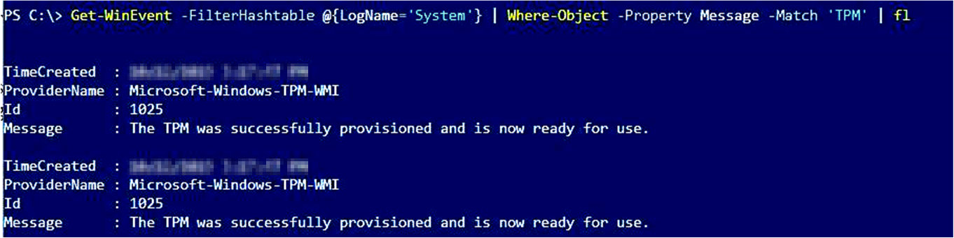 Captura de pantalla de la salida que se genera mediante Get-WinEvent y un filtro TPM.